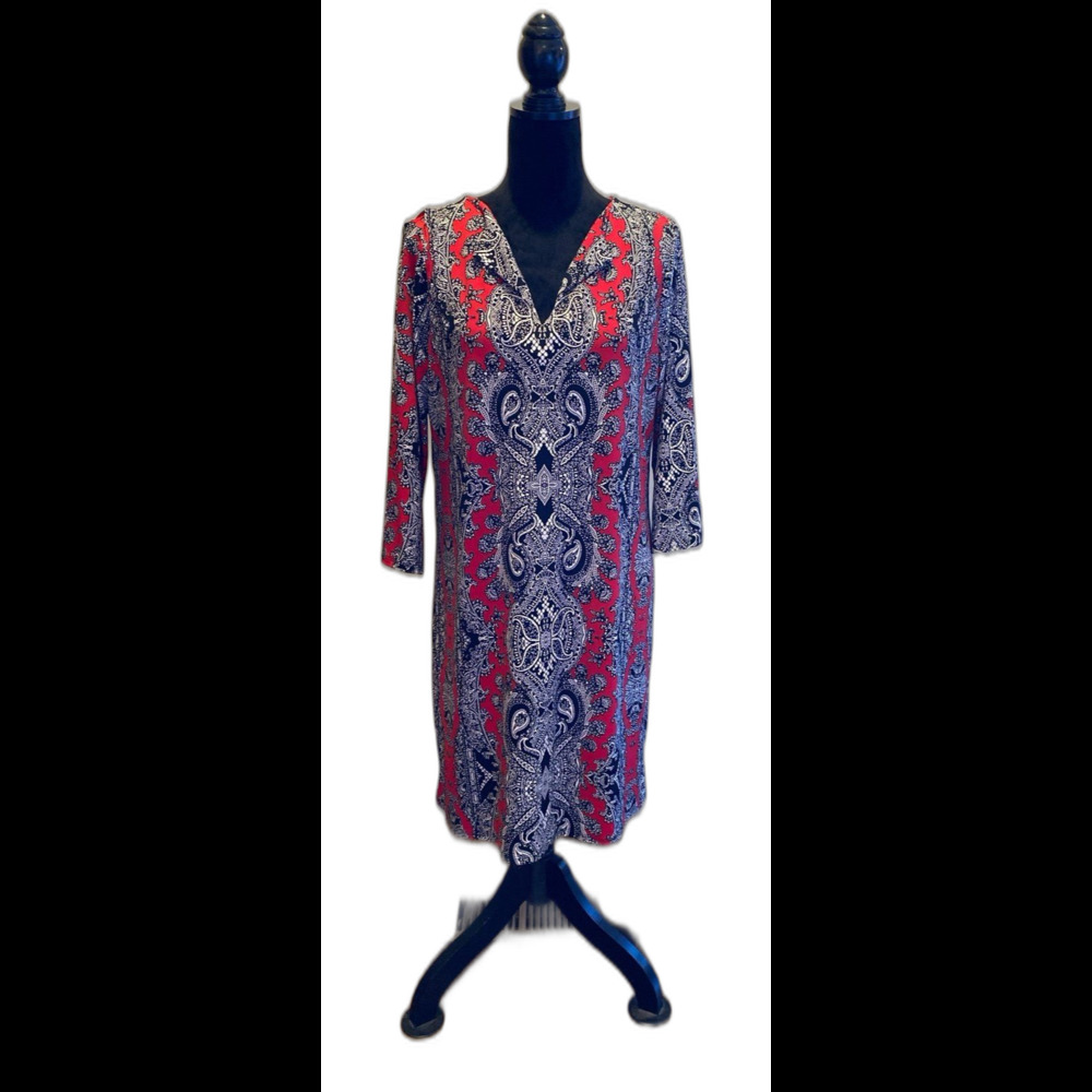 Nicole Miller Dress Size Large‎ Red Black Paisley + Stretch V Neck 3/4 Sleeve